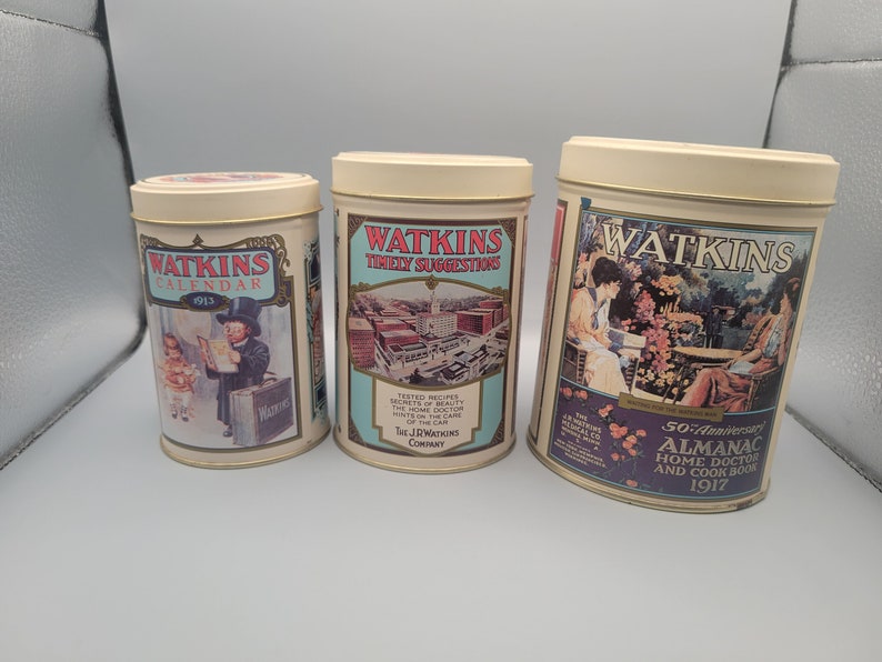 Ensemble de 3 boîtes de conserve gigognes Watkins, 125e anniversaire, vintage image 2