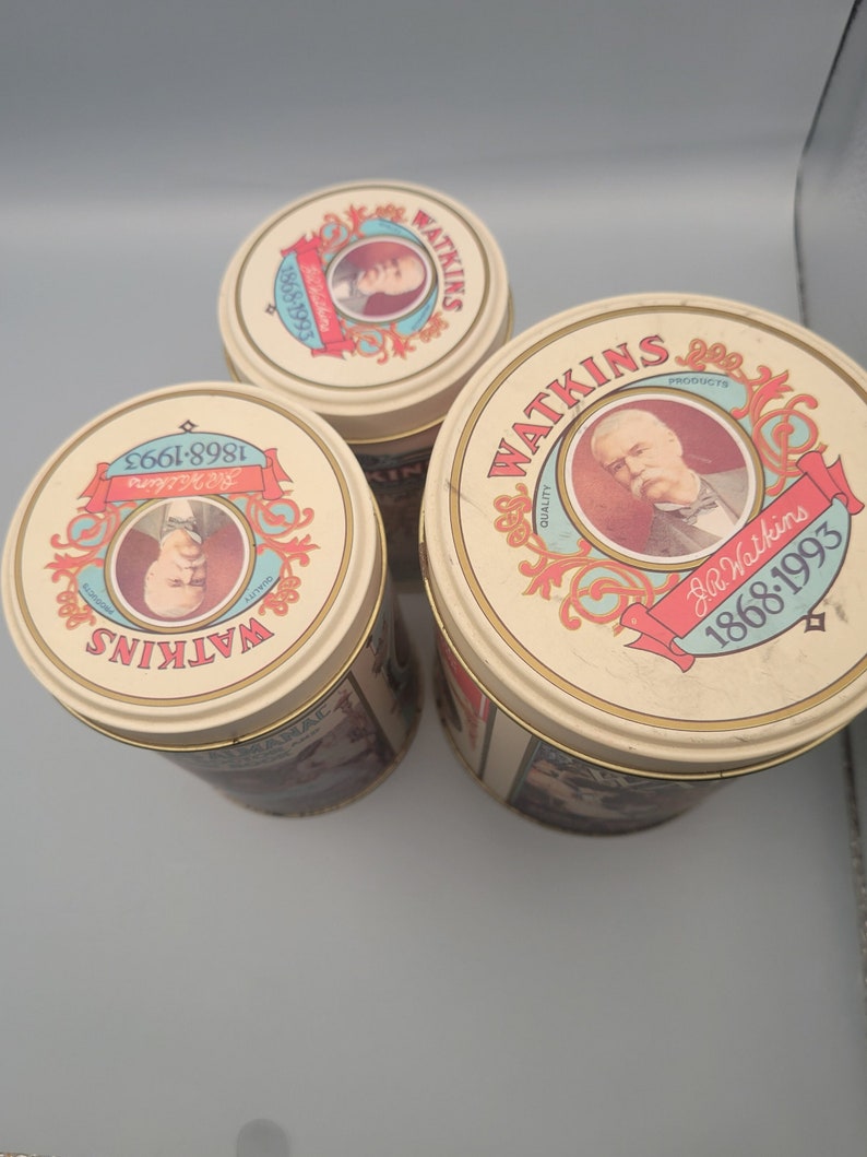 Ensemble de 3 boîtes de conserve gigognes Watkins, 125e anniversaire, vintage image 9
