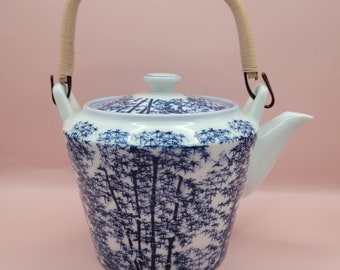 VTG Blue and White Japanese Teapot Bamboo Handle & Design