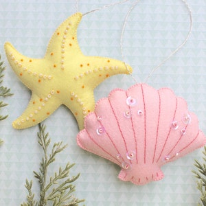 Beach ornaments, felt seashell, felt starfish, handmade sea ornaments