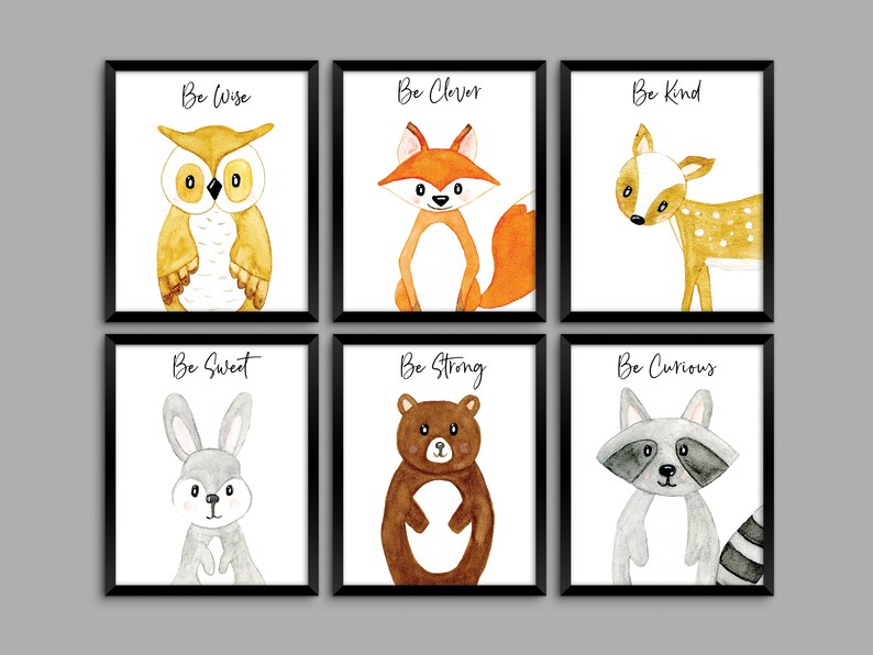 Woodland Animal Nursery Wall Art Set Forest Animal Watercolor Etsy