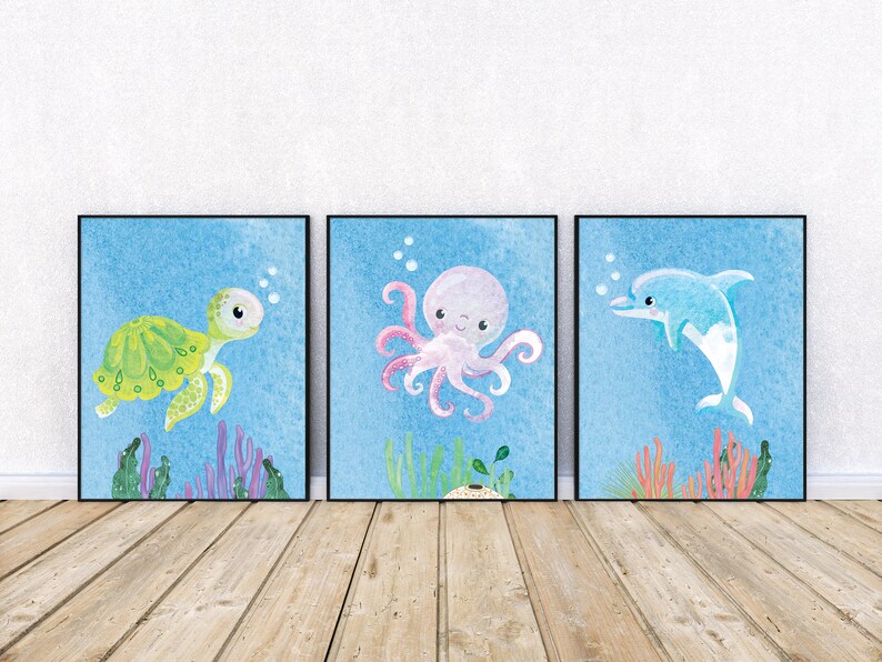 Ocean Nursery Wall Art Set Sea Animal Prints Set of 3 Etsy