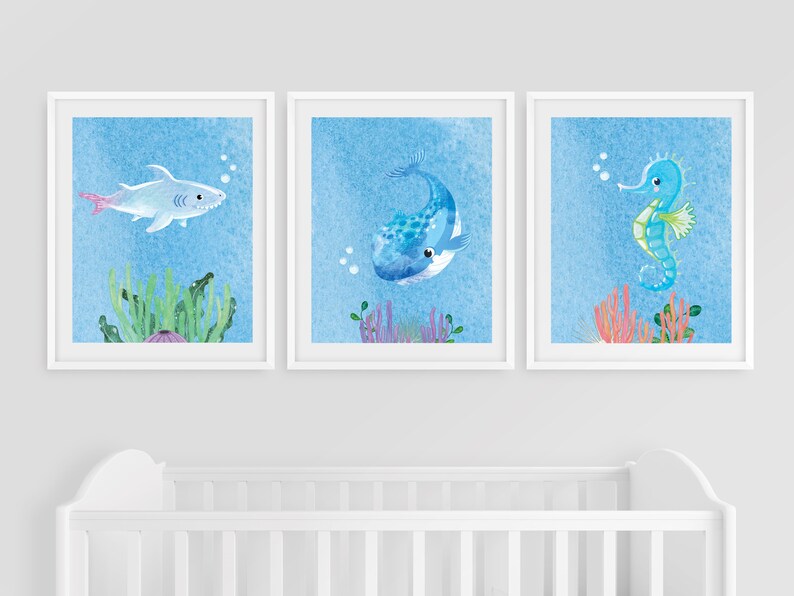 Ocean Nursery Wall Art Set Sea Animal Prints Set of 3 Etsy