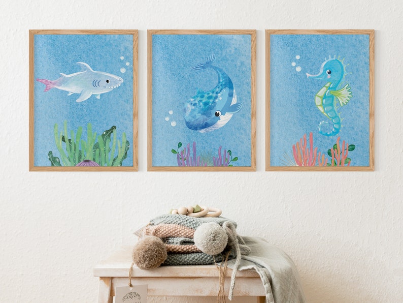 Ocean Nursery Wall Art Set Sea Animal Prints Set of 3 Etsy
