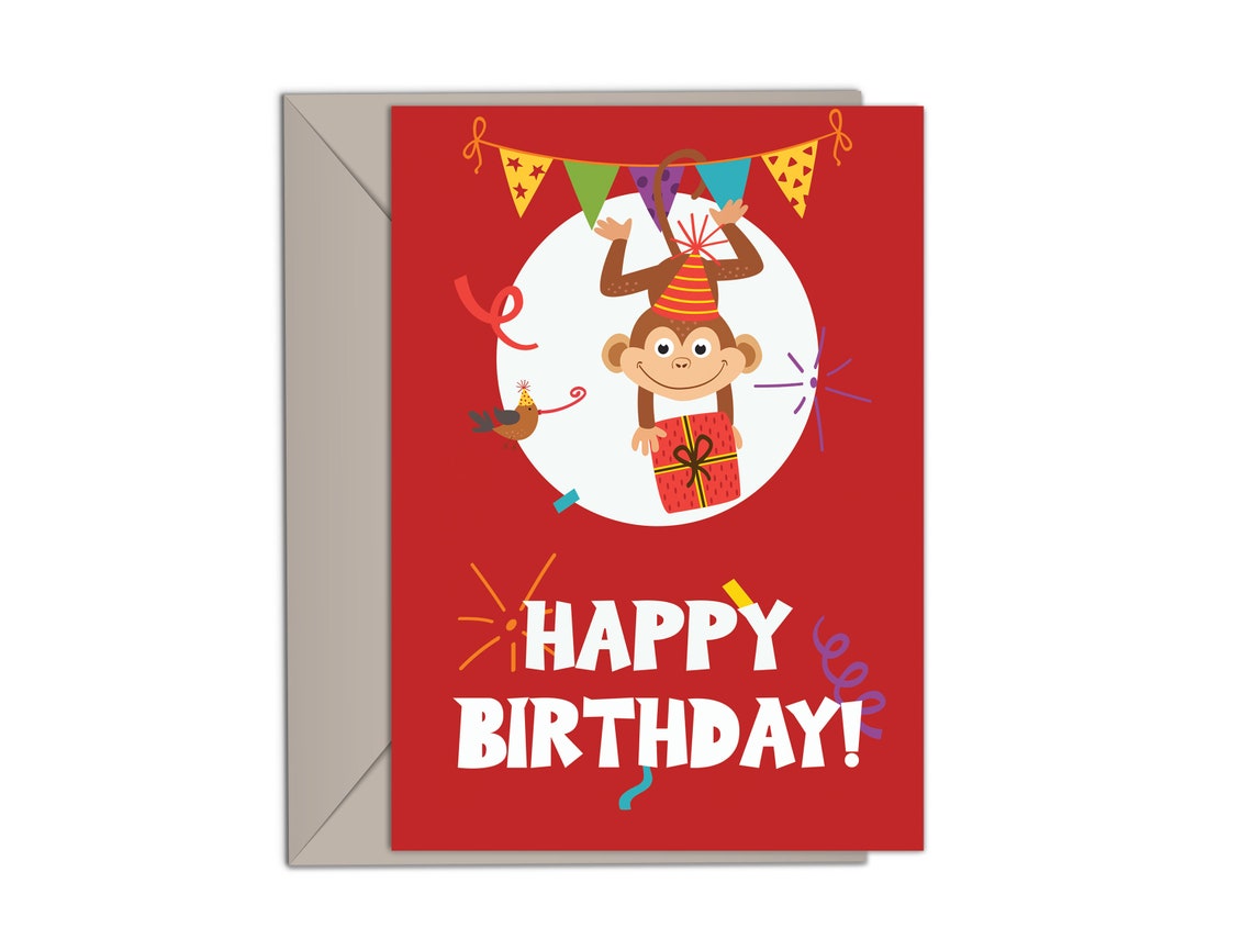 Printable Monkey Birthday Card Party Animal Birthday Card Etsy