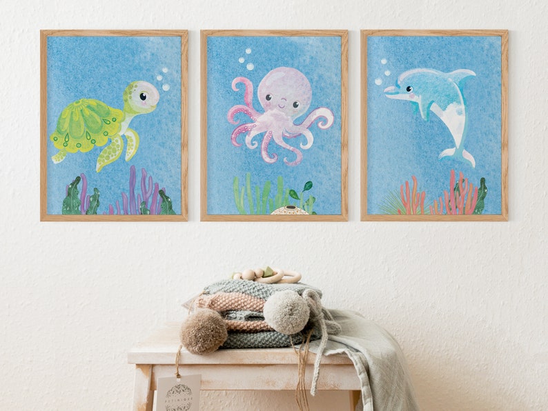 Ocean Nursery Wall Art Set Sea Animal Prints Set of 3 Etsy