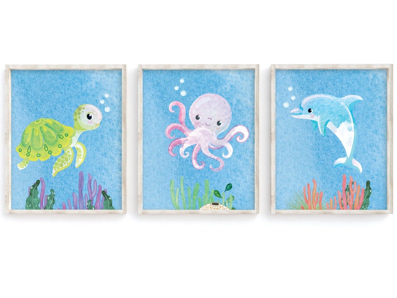 Ocean Nursery Wall Art Set Sea Animal Prints Set of 3 Etsy