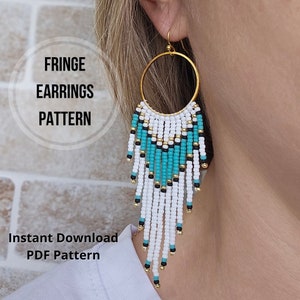 Fringe beaded earrings pattern for Miyuki Round Rocailles 11/0 Boho beaded jewelry hoop earrings pattern DIY seed bead pattern