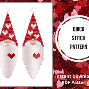 Brick stitch Valentine gnome earring pattern Valentine&#39;s seed bead earrings pattern beaded fringe pattern Miyuki delica PDF Digital download