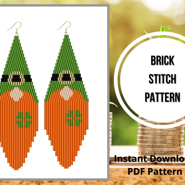 Brick stitch St. Patrick's Day gnome earrings pattern Leprechaun seed bead earrings pattern beaded fringe earrings pattern Miyuki delica PDF