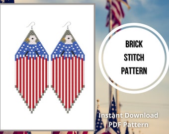 Brick stitch patriotic earring pattern American Flag fringe earring southwestern pattern 4th of july earrings Miyuki delica