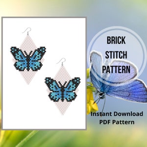 Puede incluir: Un patrón de descarga instantánea para pendientes de punto de ladrillo con cuentas que presenta un diseño de mariposa azul. El patrón es para descarga instantánea e incluye instrucciones para crear los pendientes.