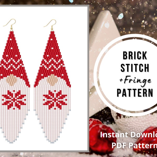 Brick stitch Christmas gnome earrings pattern seed bead fringe earrings pattern beaded gnome Miyuki delica PDF Digital download