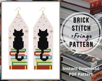 Black cat beaded earrings pattern book cat brick stitch fringe earring Miyuki delica seed bead PDF pattern