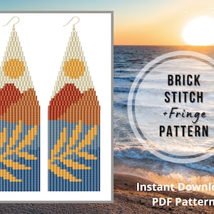 May include: A digital pattern for beaded earrings featuring a sunset landscape with mountains, a sun, and a leaf design. The pattern is for brick stitch and fringe beading techniques. The text "BRICK STITCH + Fringe PATTERN" is visible in the image. The text "Instant Download PDF Pattern" is also visible in the image.
