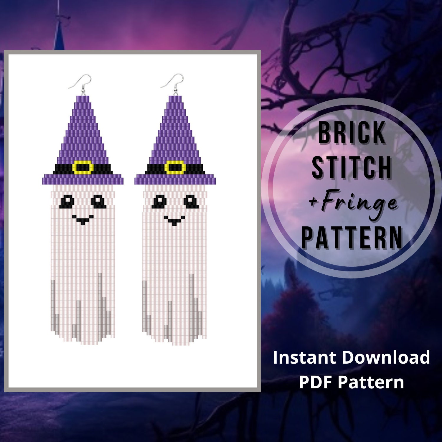Ghost beaded earrings pattern Halloween brick stitch fringe earring pattern seed bead scary  pattern