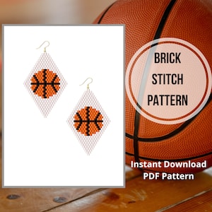 May include: A digital download pattern for brick stitch earrings featuring a basketball design. The pattern is shown on a white background with a basketball in the background.