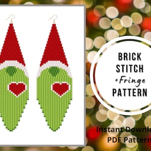 Brick stitch Christmas Green gnome earrings pattern seed bead fringe earrings pattern beaded gnome Miyuki delica PDF Digital download