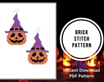 Jack O Lantern Brick Stitch pattern Halloween pumpkin beaded earrings pattern Jack o'lantern brick stitch earrings pattern