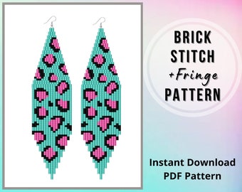 Seed bead pink leopard earring pattern Beaded animal print turquoise earring pattern fringe seed bead Miyuki earrings bead weaving