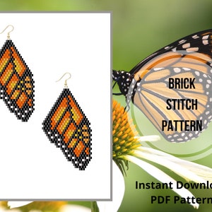 May include: A pair of beaded earrings shaped like butterfly wings. The earrings are made with black and orange beads and have a gold hook. The image also shows a butterfly on a flower with the text "Brick Stitch Pattern" in a circle.
