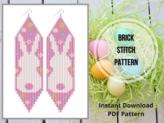 Brick stitch Easter rabbit fringe earring pattern Easter bunny seed bead earrings pattern Miyuki delica PDF Digital