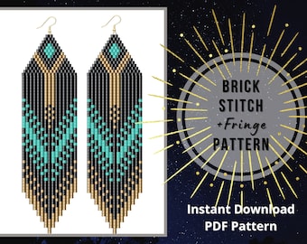 May include: A digital download pattern for beaded earrings. The earrings are long and feature a black, gold, and turquoise colour scheme. The pattern is called "Brick Stitch + Fringe Pattern".