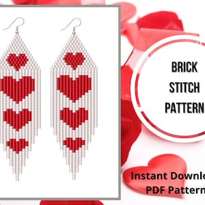 Beaded Valentine earring pattern fringe Valentine's seed bead earring pattern Brick stitch pattern Miyuki delica PDF Digital download