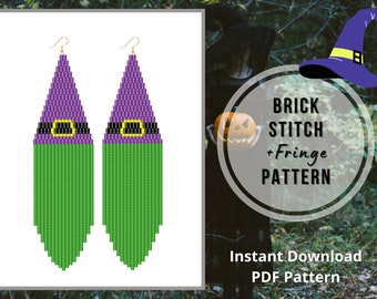 Seed bead witch earring patterns Brick stitch witchy hat earrings pattern Halloween bead fringe earrings pattern Miyuki delica DIY