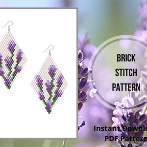 May include: A pair of lavender flower earrings made with white and purple beads. The earrings are in a diamond shape and are made using the brick stitch technique. The image includes the text "BRICK STITCH PATTERN" and "Instant Download PDF Pattern".