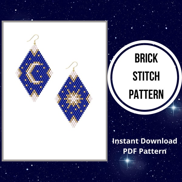 Moon star seed bead earrings pattern Mismatched Celestial brick stitch fringe crescent beaded earring pattern Miyuki delica do it yourself