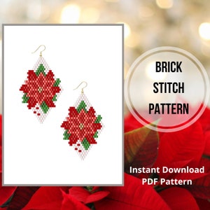 Brick stitch Christmas earring pattern seed bead poinsettia earrings beaded earring pattern bead weaving Miyuki delica PDF