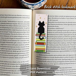 Mönster för bokmärken med svart katt, tegelstygn, Miyuki delica-fröpärlor, PDF-mönster