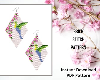 Hummingbird brick stitch earrings pattern kolibri beaded fringe earring pdf floral seed bead earring pattern Miyuki delica