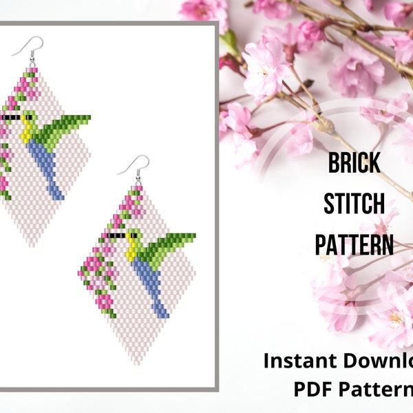 Hummingbird brick stitch earrings pattern kolibri beaded fringe earring pdf floral seed bead earring pattern Miyuki delica