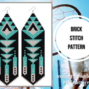 May include: A digital pattern for beaded earrings. The earrings are long and feature a geometric design in black, white, turquoise, and silver. The pattern is called "Brick Stitch Pattern" and is available for instant download.