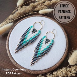 Boho seed beaded fringe earrings pattern for Miyuki Round Rocailles 11/0 hoop earrings pattern beaded jewelry bead weaving