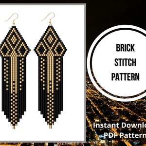 May include: A pair of black and gold beaded earrings with a geometric design. The earrings are made using the brick stitch technique. The image includes the text "BRICK STITCH PATTERN" and "Instant Download PDF Pattern".