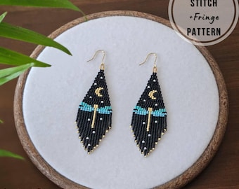 Dragonfly beaded earrings pattern brick stitch moon night earrings seed bead Miyuki delica PDF pattern