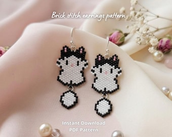 Seed bead cat earrings pattern brick stitch black and white cat jewelry PDF pattern