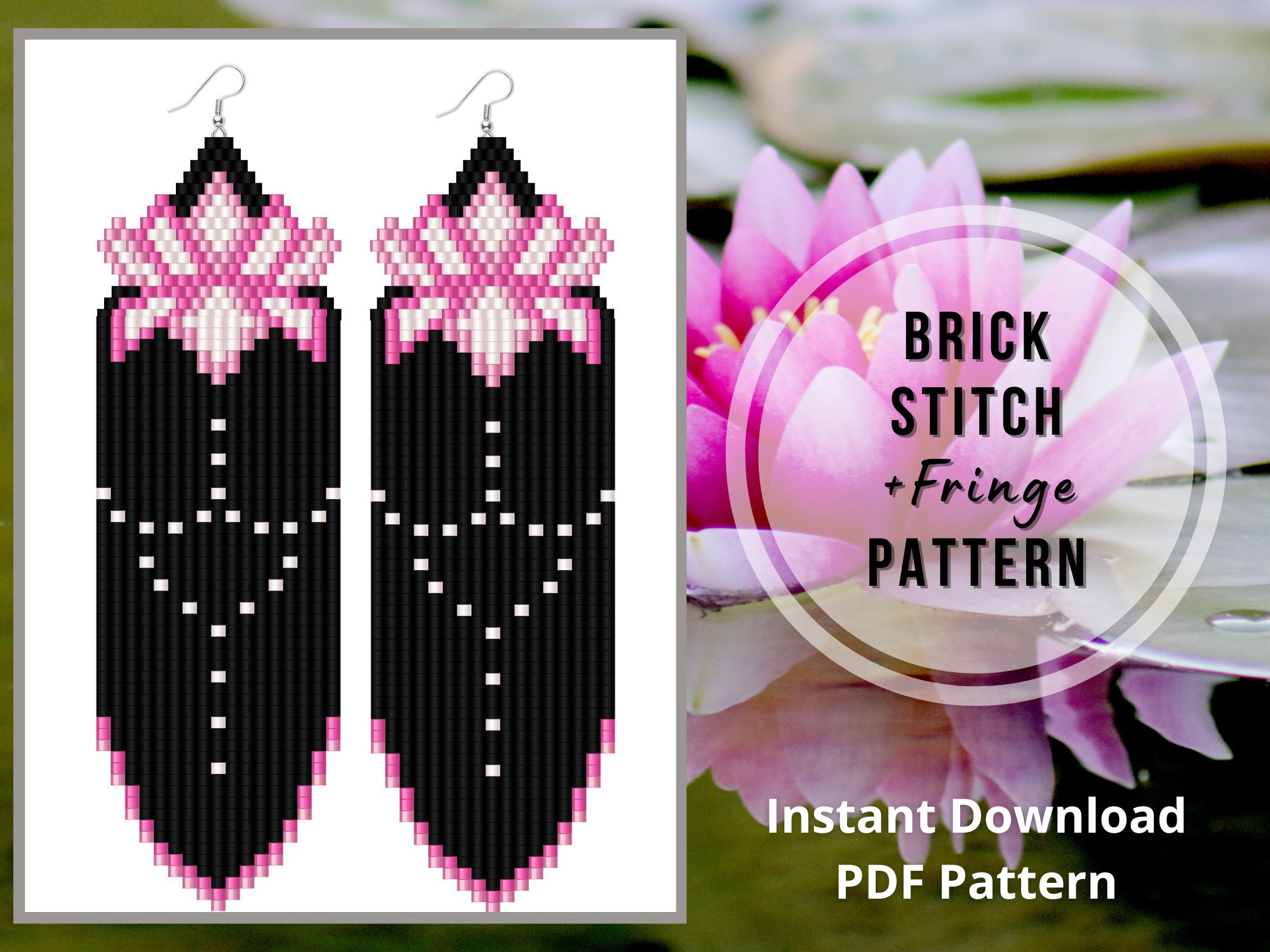Lotus Beaded Earrings Pattern Water Lily Brick Stitch Fringe