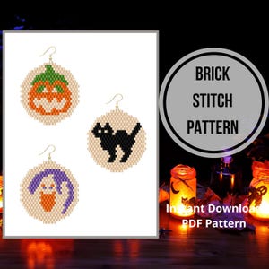 May include: Three beaded Halloween earrings: a pumpkin, a black cat, and a ghost. The earrings are round with a beige background and gold-colored hooks. The image also includes the text "BRICK STITCH PATTERN" and "Instant Download PDF Pattern".