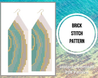 Abstract seed bead earring pattern Gold turquoise brick stitch fringe earring beadwork pattern Miyuki delica PDF DIY beaded earrings