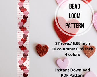 Patrones de pulseras de telar de cuentas de San Valentín Patrón de pulsera Miyuki Delica con forma de corazón de cuentas de semillas Patrón en PDF Diseño de abalorios