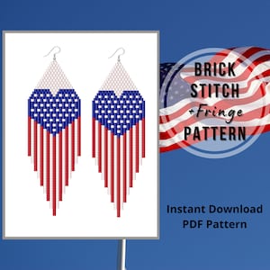 Seed bead Patriotic earrings pattern brick stitch 4th of July earrings pattern USA fringe earrings pattern for beading Miyuki delica