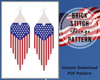 Seed bead Patriotic earrings pattern brick stitch 4th of July earrings pattern USA fringe earrings pattern for beading Miyuki delica