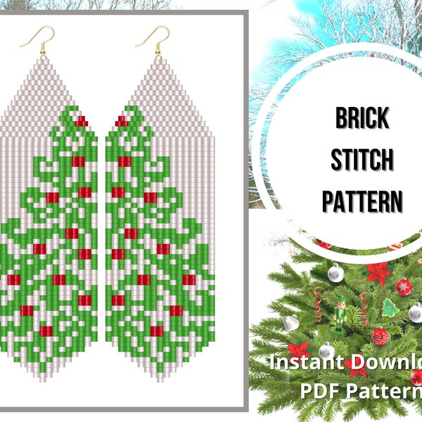 Patron de boucles d'oreilles à franges de perles de rocaille de Noël, patron de boucles d'oreilles sapin de Noël perlé, patron de boucles d'oreilles brick stitch Miyuki delica PDF