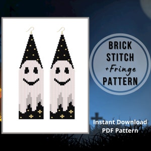 May include: A digital pattern for brick stitch beaded earrings featuring a ghost with a black hat and a smiling face. The pattern includes fringe and is available for instant download as a PDF.