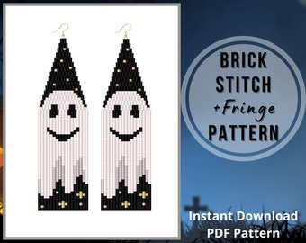 Halloween beaded earrings pattern ghost seed bead fringe earring pattern scary brick stitch pattern