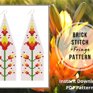 May include: A digital download pattern for beaded earrings. The earrings are long and feature a white background with red, yellow, and orange flowers. The pattern is for brick stitch and fringe.